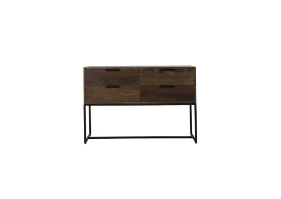 Consola 120cm con cuatro cajones - madera oscura y pata metálica negra.